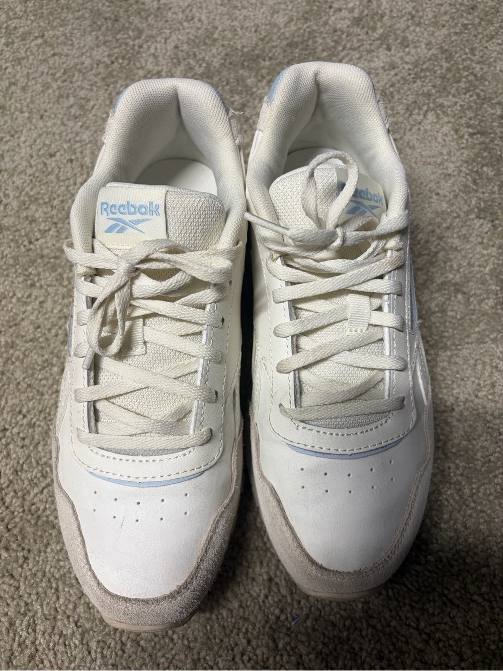 Reebok White Leather MemoryTech Sneakers with Light Blue Logo